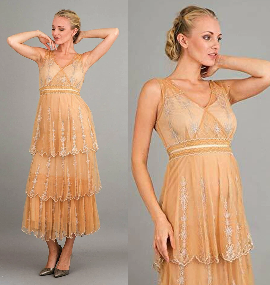 Nataya Dress Layered Formal tan-gold S Gatsby Victorian Lace NWT wedding #40235 - Image 1 of 4