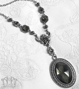 Smoky Grey VINTAGE CRYSTAL NECKLACE Victorian Gothic Silver Rhinestone Pendant - Picture 1 of 4