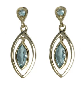 E094 Genuine 9K Yellow Rose White Gold Natural Aquamarine Dangling Earrings Drop - Bild 1 von 4