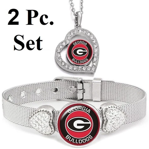 2 PcSet Georgia Bulldogs Womens Sterling Silver Necklace With Bracelet Cover