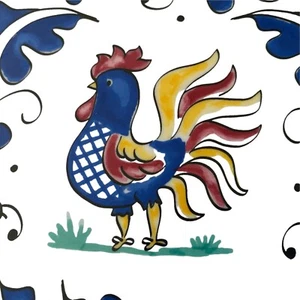 Blue Yellow Red Comb Rooster Farmhouse Melamine Serving Platter Blue Leaves 16" - Picture 1 of 7