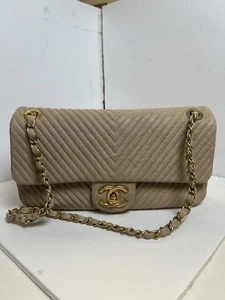Chanel Medium Tan Surpique Chevron Single Flap Gold Hardware - Picture 1 of 8