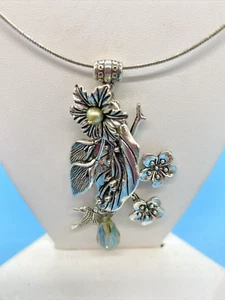 Monet Chain Signed Pendant has Flowers Leaves Botanical Silver-Tone Pearl VTG - Picture 1 of 11