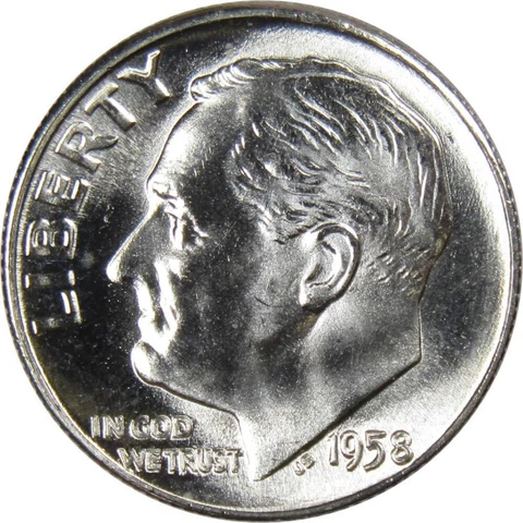 1958 Roosevelt Dime BU Uncirculated Mint State 90% Silver 10c US Coin Cover