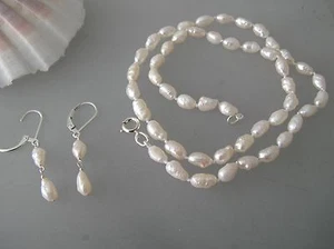 Crispy Japanese rice pearl necklace w/ S.S. clasp 18" w/dangle earrings set - Picture 1 of 8
