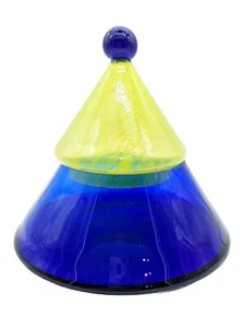 Art Glass Pyramid Shape 2 Pc Dish Cobalt Blue w/Yellow Swirled Lid w/Blue Knob - Imagen 1 de 13