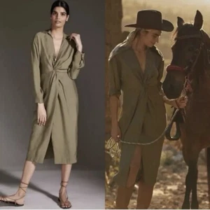Anthropologie grün V-Ausschnitt Knoten vorne Midikleid Größe 14 Leinenmischung BESCHREIBUNG LESEN - Bild 1 von 17