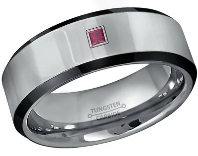 Anillo de boda de tungsteno biselado de 2 tonos de 8 mm con anillo de rubí corte princesa de 0,05 quilates #218 Foto 1 de 2