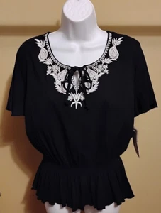 NWT $40 Elementz Women's Black Solid Short Sleeve Top Blouse Tunic Size: S - Picture 1 of 3