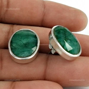 Natural Emerald Gemstone 925 Sterling Silver Handmade Stud Earrings Jewellery - Picture 1 of 5