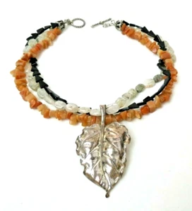 Sterling Silver 3" Leaf Pendant Onyx & Quartz Stone Bead 17" Necklace mkd CSX - Picture 1 of 12