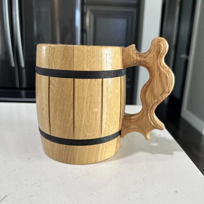 Light Brown Oak Wooden Beer Barrel Tankard Viking Mug Stainless Steel Liner - Image 1 of 4