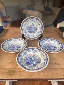 Minton Chinese Marine Opaque China Rimmed Soup Bowls X4 Antique Blue White - Picture 1 of 6