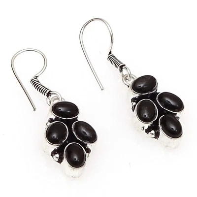Silver Plated Black Onyx Gemstone Dangle Earring Handcrafted Jewelry 1" Y205 - Image 1 of 4