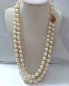 Vintage Eggshell White Double Strand Bead Necklace Fancy Clasp - Picture 1 of 6