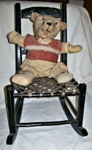 Antique Ladder Back Cane Woven Seat Doll Rocking Chair W/Straw Stuffed Bear Cover