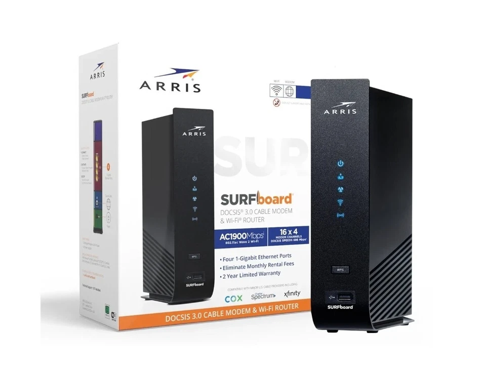 ARRIS SURFboard (16x4) DOCSIS 3.0 Cable Modem/ AC1900 Dual-Band Wi-Fi Router,... - Image 1 of 4