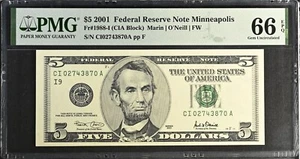 2001 $5 Federal Reserve Note Fr-1988-I Minneapolis PMG66 Gem EPQ - Picture 1 of 2