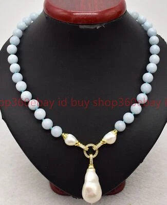 Natural Blue Aquamarine Gems Beaded White Keshi Baroque Pearl Pendant Necklace - Image 1 of 4