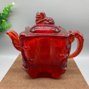 5.7" Exquisite crimson amber succinum carved pi xiu statue Square teapot resin - Picture 1 of 9