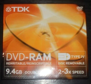 TDK DVD-RAM 9.4GB REWRITABLE DOUBLE SIDED - TYPE IV DISC REMOVABLE 2 -3 SPEED - Picture 1 of 3