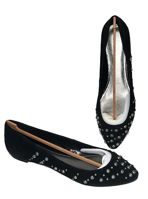 Nuevo Liquidación FERGIE Gravedad Negro Gamuza Ballet Zapatos Planos Tachonados Punta Puntera 10 Foto 1 de 3