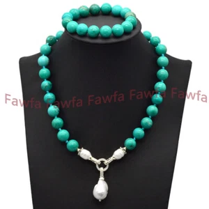 Natural Green Turquoise Round Beads Baroque Pearl Pendant Necklace Bracelet Set - Picture 1 of 14