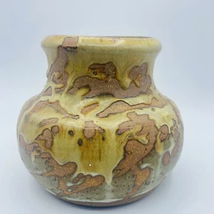 Art Pottery Vase Vessel Yellow Brown Drip Glaze Stoneware Studio BOHO Hand Made - Picture 1 of 12