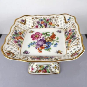 Vintage Dresden Schumann Bavaria Porcelain Flowers Reticulated Pedestal Bowl - Picture 1 of 1