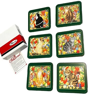 Pimpernel Christmas Cats Coasters 6 Assorted Cork Backed Square Holiday Boxed - Image 1 of 4
