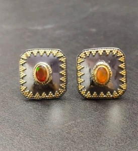 Natural Ethiopian Opal Gemstone SQUARE Cufflinks 925 Silver Jewelry Men's Gift - Picture 1 of 5