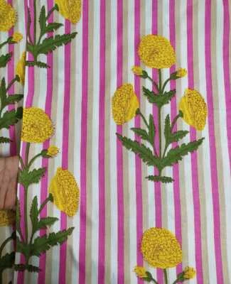 Indain Hand Block Printed Cotton Fabric Yellow Floral Craft Voile fabric By Yard - Image 1 of 4