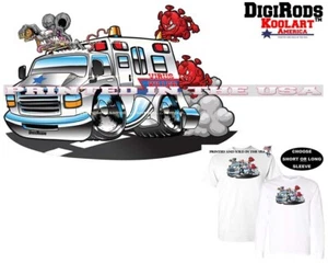 Digirods Rat Rod Racer Virus Emergency Ambulance Hot Rod Car Cartoon Art T Shirt - Picture 1 of 6