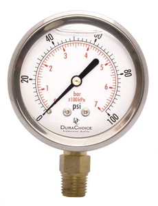 2-1/2" ölgefülltes Manometer, SS-Gehäuse, 1/4" NPT, untere Halterung, 0-100 PSI - Bild 1 von 5