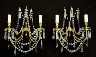 一对帝国2臂黄铜和水晶烛台壁灯 — 第 1/4 张图片