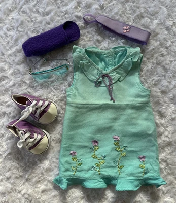 American Girl Doll Kailey Meet Outfit Blue Dress Sneakers Sunglasses Headband - Image 1 of 4