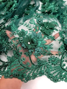 Emerald Green 3d Floral Lace Sold by the Yard Embroidery Rhinestones Scallops  - Picture 1 of 14