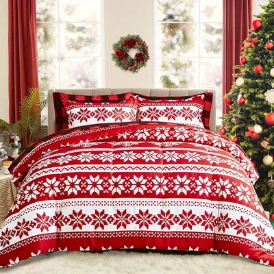 Cama en bolsa de 7 piezas Queen, tema navideño patrón de copo de nieve rojo y blanco, micrófono Foto 1 de 4