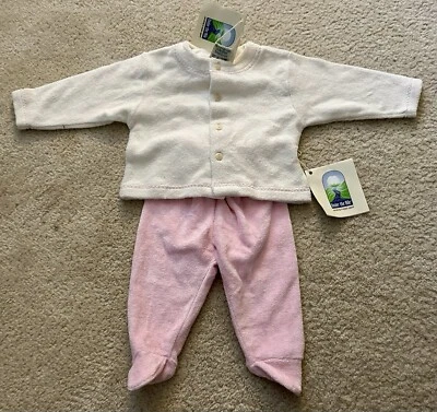 全新带标签 Under The Nile Org。 棉 2 件套白色和粉红色毛圈布上衣和裤子 - NB — 第 1/4 张图片