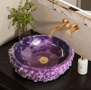 Fregadero de amatista de cristal de 15": lavabo de piedras preciosas de lujo hecho a mano para decoración de baño - Imagen 1 de 4