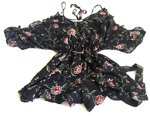 Bardot Womens Romper Sz 8 Black Floral Print Ruffle Tie-Waist Short Sleeve Lined
