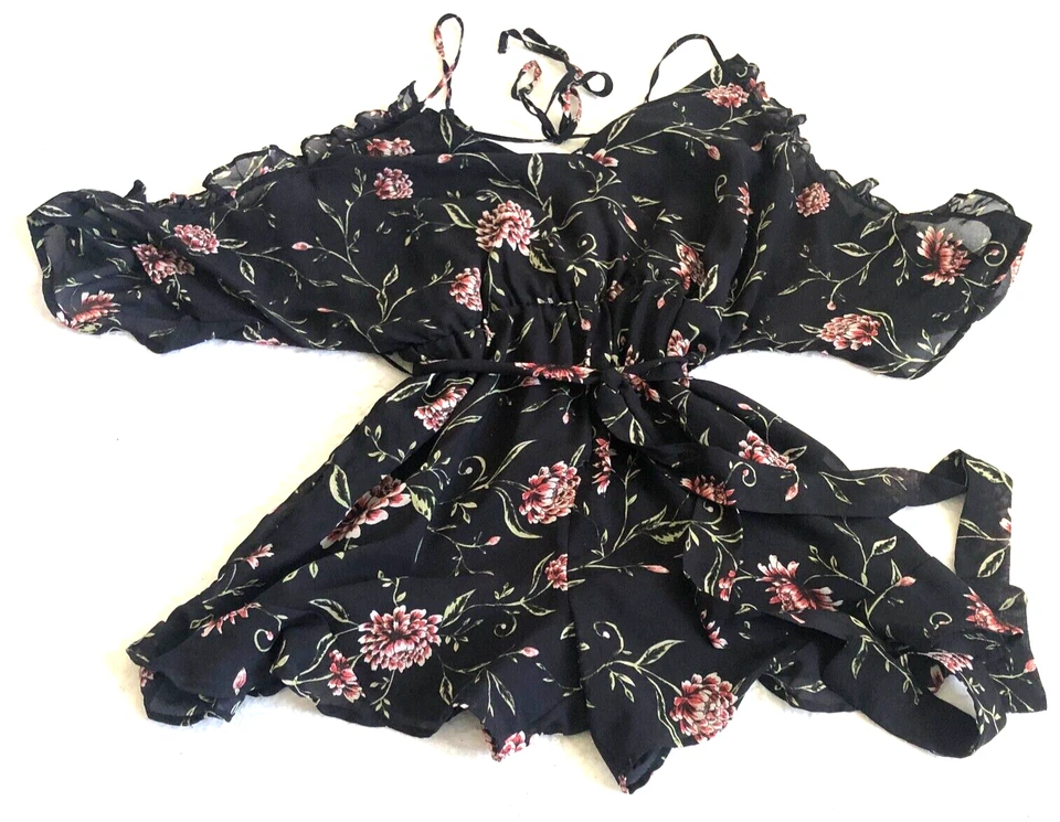 Bardot Womens Romper Sz 8 Black Floral Print Ruffle Tie-Waist Short Sleeve Lined - Image 1 of 4