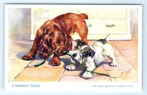 Tarjeta postal firmada por artista Dogs M. Gear A Friendly Tussle Red Cocker Spaniel Terrier - Imagen 1 de 2