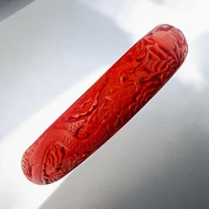 Vintage chinesischer roter Zinnober Armreif Armband geschnitzt doppelter Drache Glück - Bild 1 von 10