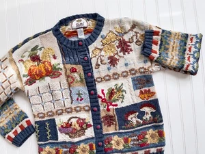 vtg Tiara International mushroom pumpkin floral fall cardigan sweater - Picture 1 of 5