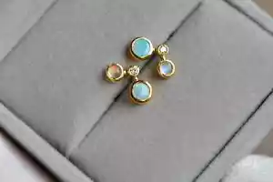 Australian Opal Diamond & Blue Moonstone Earrings 14k Gold - Picture 1 of 10
