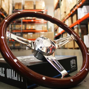 15" Chrome Spokes Steering Wheel with Dark Wood Grip and Billet Horn - 6 Hole - Picture 1 of 12