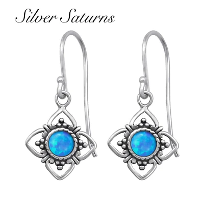 925 Sterling Silver Tribal Azure Blue Opal Drop/Dangle Earrings Boxed Dropper - Image 1 of 2