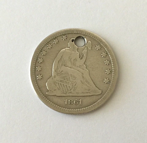 HOLED US 1861 SEATED LIBERTY QUARTER DOLLAR 25C 90 PERCENT SILVER CIRCULATED Cover