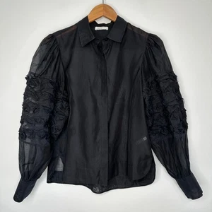 Rebecca Taylor Blouse Womens Size S Black Silk Blend Ribbon Trim Sheer Button up - Picture 1 of 11